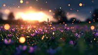 Christian cross among blooming purple crocuses at sunset with magical bokeh lights and sun flare creating spiritual atmosphere in spring meadow.