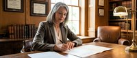 Mature woman with gray hair and light complexion, wearing professional brown blazer, signing documents at wooden desk in traditional law office library with bookshelves and warm lighting.