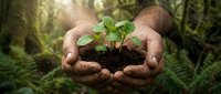 Weathered hands cupping rich dark soil with a young green seedling in a lush forest, symbolizing growth, sustainability, and environmental care.