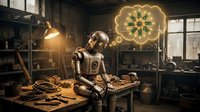 Steampunk robot inventor working at wooden desk in vintage workshop with glowing mandala hologram, brass gears and mechanical tools creating futuristic design.
