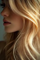Close-up profile of woman with golden blonde wavy hair illuminated by soft natural light, showcasing healthy shine and texture for beauty industry use.