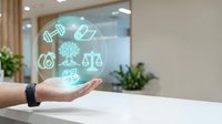 Hand holding holographic wellness icons including dumbbell, scales, heart and brain symbols representing healthy lifestyle balance and fitness goals.