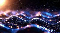 Glowing musical notes flow on wavy lines against starry cosmic background with blue and purple nebula effects, creating magical atmosphere for music themes.
