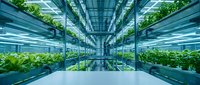 Symmetrical indoor vertical farm with rows of green leafy crops under LED grow lights, showcasing modern agricultural technology and sustainable food production methods.