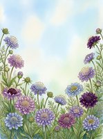 Watercolor wildflower border with purple, blue, and pink blooms on soft sky background, copy space for text, greeting card or invitation design.