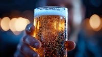 Cold glass of light beer with bubbles and foam held up against blurred bokeh lights background, refreshing alcoholic beverage close up view.