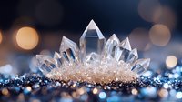 Crystal cluster formation on dark background with bokeh lights and sparkles, macro photography showing transparent quartz points emerging from glittering surface.