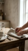 Hands folding linen napkin on rustic wooden table with coffee cup and glass of water in cozy kitchen interior with natural morning light.