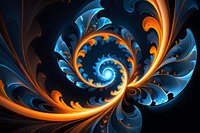 Abstract spiral fractal design featuring vibrant orange and blue swirling patterns on black background, perfect for modern digital art projects and creative technology backgrounds.