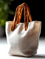 White canvas tote bag with brown wooden handles on light background, minimalist eco-friendly shopping accessory for sustainable lifestyle and fashion design.