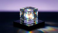 Glowing crystal cube with light refraction and prism effects on dark surface, suitable for technology, science, and abstract design projects.