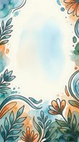 Watercolor floral border frame with teal and orange flowers, leaves, and paint splashes on a light background with copy space.