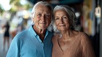 Senior Caucasian couple smiling at camera, wearing casual clothing outdoors. Man in blue shirt and woman in beige top showing genuine happiness and connection.