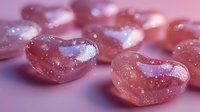Pink heart shaped gummy candies with sparkly sugar coating and shimmering surface on pink background, sweet romantic dessert concept for Valentine's day celebration.