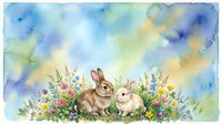 Two brown and white rabbits sit together among wildflowers and blooming plants against a soft, watercolor sky backdrop. Suitable for children's illustrations, nursery decor, greeting cards, and spring-themed designs.