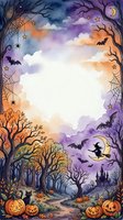 Halloween watercolor frame with spooky trees, bats, spider webs, jack-o-lanterns and witch silhouette on moon creating magical autumn border for seasonal designs.