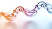 Colorful abstract flowing wave design with gradient from orange to purple and blue on light background, featuring connected circular elements in smooth motion.