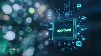 Digital screen showing approved status with glowing neon blue icons and symbols floating in cyberspace against blurred bokeh background. Modern tech concept.