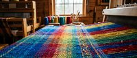 Vibrant handwoven rainbow textile on wooden loom in traditional craft workshop. Colorful striped fabric showcasing artisan weaving techniques and fiber arts.