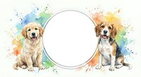 Two adorable puppies sitting beside empty circular frame with colorful watercolor paint splashes on white background for pet design projects.
