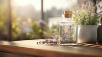 Delicate glass bottle with lavender sprigs on wooden windowsill at sunset, soft natural lighting creates dreamy atmosphere with potted flowers in background.