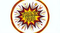 Thank you message in comic book style burst with yellow text on red and purple starburst background, isolated on white for greeting cards and thank you designs.