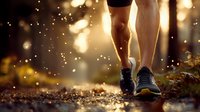 Runner legs in athletic shoes on forest trail at golden sunset with bokeh light effects and dust particles creating magical atmosphere for sports motivation.
