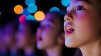 Young Asian woman with bright makeup in neon lights looking up dreamily against blurred bokeh background, profile view showing glossy lips and dramatic lighting.