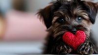 Adorable Yorkshire Terrier puppy holding red knitted heart toy in mouth while lying down, selective focus on face with bright blue eyes. Perfect for Valentine's Day cards.