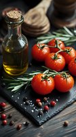 Fresh cherry tomatoes with olive oil and rosemary on dark slate board. Mediterranean cooking ingredients for healthy recipes and culinary preparations.