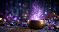 Tibetan singing bowl with wooden mallet emitting magical purple energy swirls and sparkles against mystical bokeh background for meditation and healing.