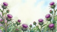 Watercolor thistle flowers border with purple blooms and green leaves on light background, copy space for text or greeting card design.