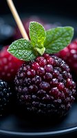 Fresh raspberry with mint leaves garnish on dark plate, frost-covered berries creating gourmet dessert presentation for food photography.