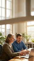 Two professionals collaborating at laptop in bright, sunlit office with large windows, potted plants, and wooden desk. Business meeting, teamwork, training.