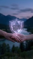 Hands holding glowing digital shield hologram over mountain landscape at twilight representing cybersecurity protection and data safety technology.