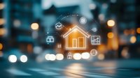 Glowing smart home icon with connected devices floating over blurred urban cityscape background with bokeh lights at dusk, showing home automation concept.