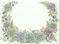 Watercolor succulent wreath frame with ferns and eucalyptus leaves on white background, botanical border for wedding invitations and greeting cards.