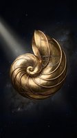 Golden nautilus shell with Fibonacci spiral grid floating in cosmic space, symbolizing sacred geometry and mathematical harmony in nature.