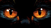 Mesmerizing amber cat eyes with vertical pupils glowing against dark fur, dramatic close-up view showing intense feline gaze and detailed iris texture.