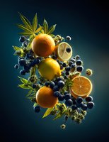 Creative composition of citrus fruits, blueberries and cannabis leaves floating against dark teal background, showcasing vibrant colors and textures.