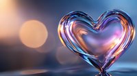 Transparent glass heart with rainbow reflections and bokeh lights background for romantic designs and love concepts.