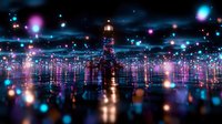 Lighthouse silhouette reflecting on water surface at night with magical glowing blue and pink bokeh lights creating dreamy atmospheric seascape.