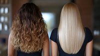 Comparison of curly ombre brown and straight platinum blonde hair from behind showing different hairstyles and textures on two women in black tops.