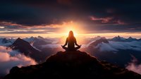 Silhouette of woman meditating on mountain peak at sunset, surrounded by dramatic clouds and snowy mountain ranges in mystical atmosphere.