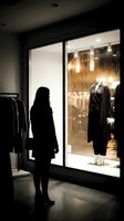 Woman in dark clothing viewing illuminated fashion retail window display with mannequin wearing elegant black coat, warm golden lighting, modern storefront design for retail marketing.