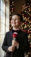 Young boy in formal tuxedo holding red rose by Christmas tree with warm bokeh lights, holiday celebration portrait for greeting cards and festive designs.