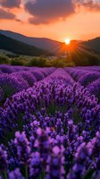 Stunning lavender field at golden hour sunset with dramatic orange sky and mountain silhouettes creating romantic agricultural landscape for wellness and travel content.