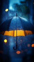 Illuminated umbrella with raindrops against dark blue night sky, glowing orange from street lights, creating atmospheric mood with bokeh effects and falling rain.