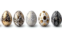 Decorative Easter eggs in row featuring elegant metallic patterns and dots on white background. Modern festive design with gold, silver and black ornamental details.