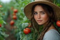 Young woman in straw hat harvesting fresh tomatoes in greenhouse garden, natural light portrait with green plants and ripe red vegetables.